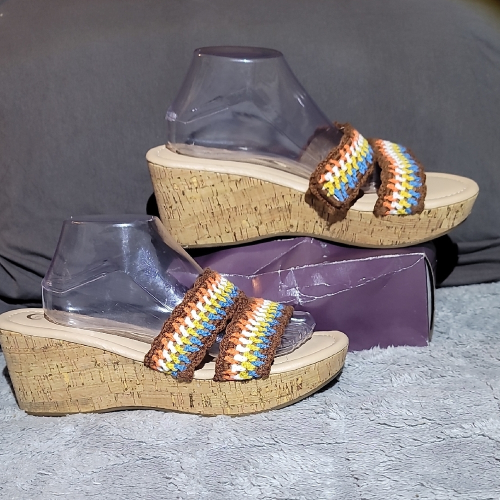 Comfort EST.1946 Crochet Cork Wedge Teal/Brown/Orange/White Cushion Sole Size 11
